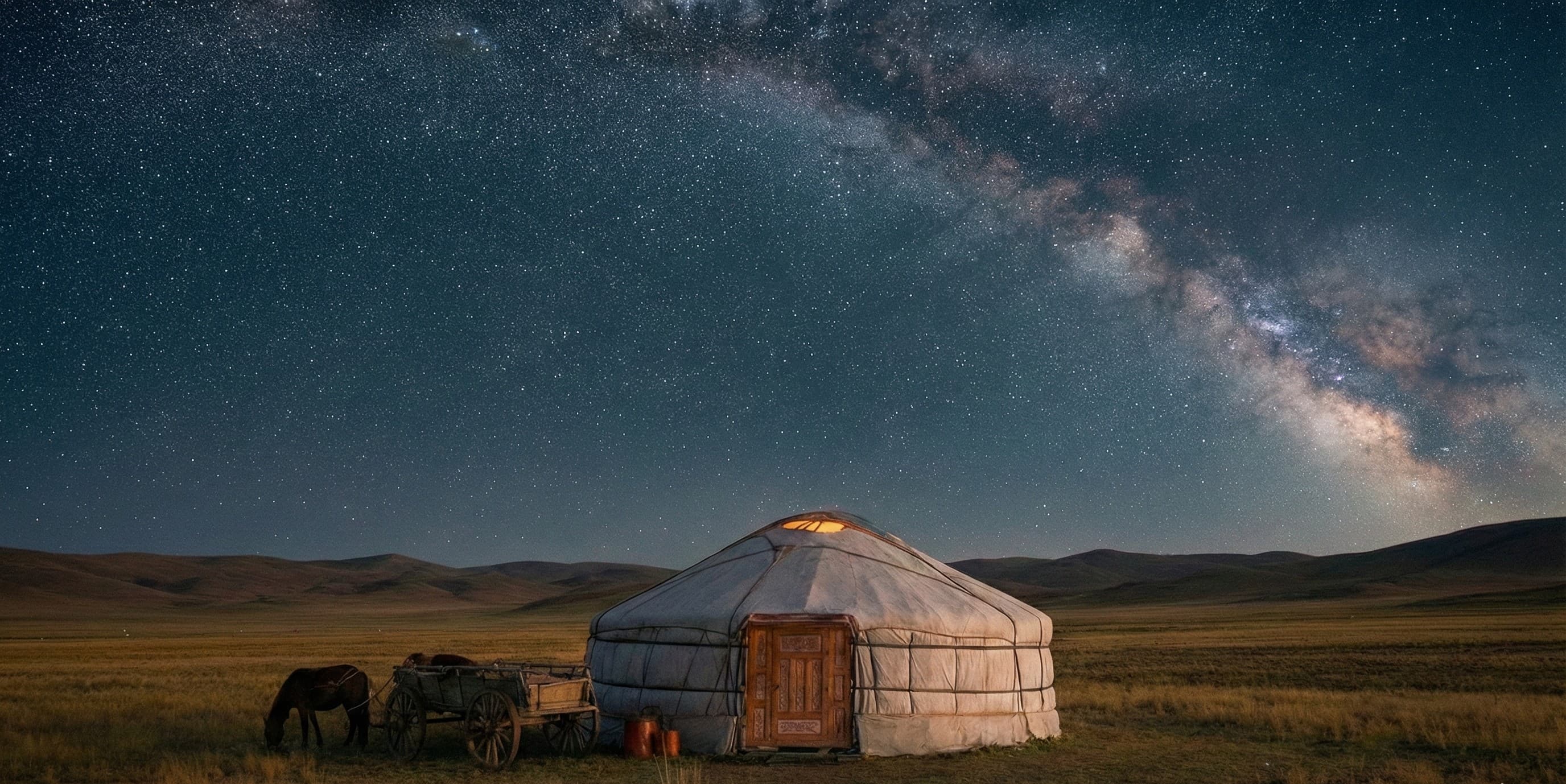 Kivilágított mongol jurta a csillagos ég alatt